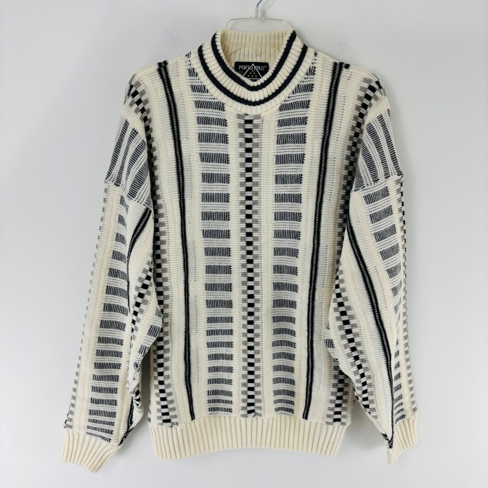 Vtg. Porto Cruz Mens XL Cream Black Geometric Knit Mock Neck Wool Blend Sweater
